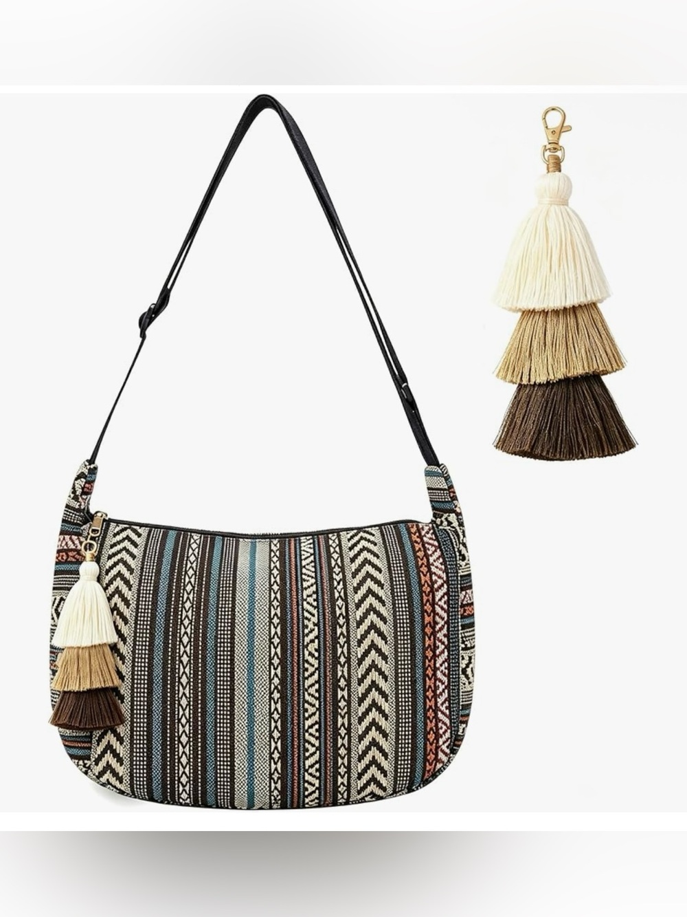 Striped Boho crossbody Bag with Tassel Charm - Black, Cream & Blue